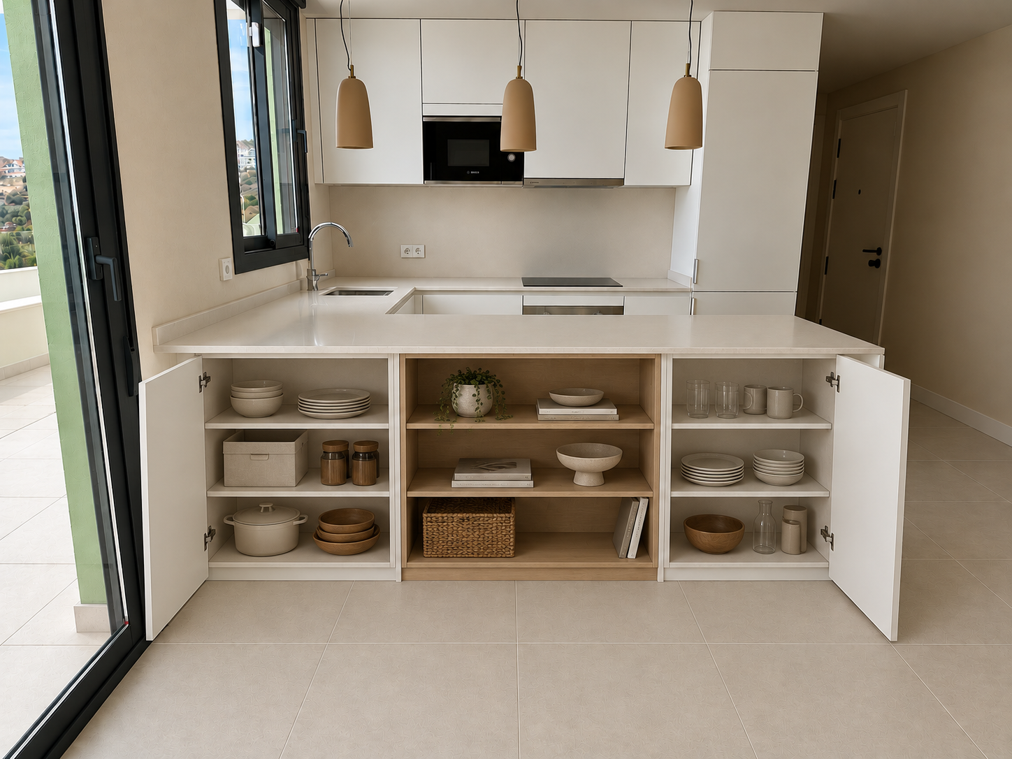 Kitchen peninsula with fitted cupboards and open oak shelves for dishes and everyday storage