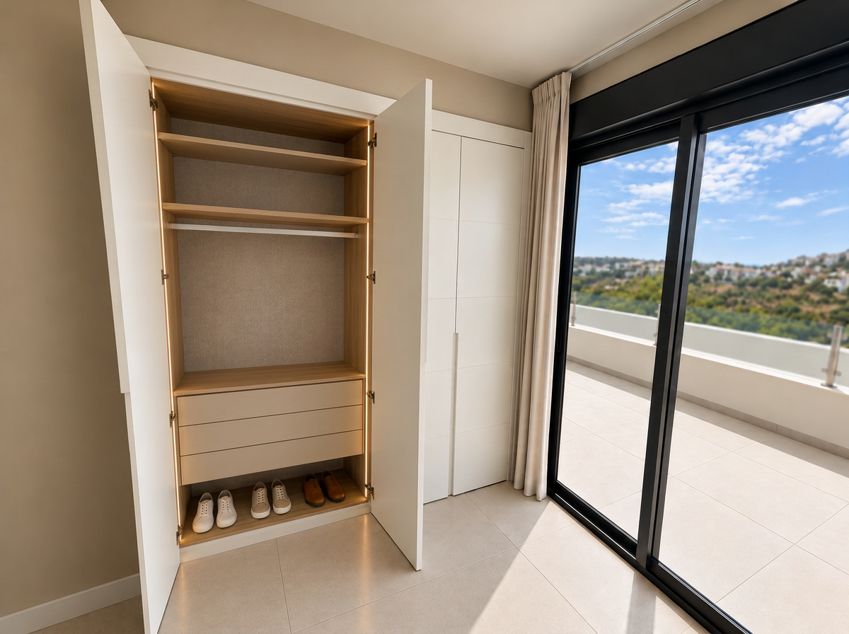 Upgraded wardrobe with white doors, drawers, shelves, shoe storage and side LED lighting beside a balcony